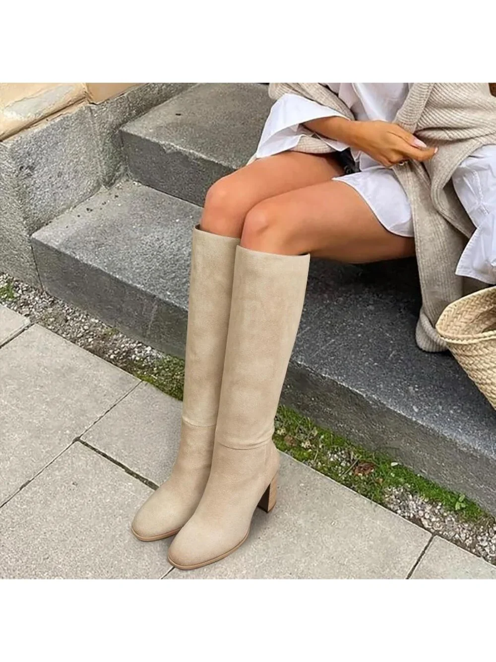 Women's Beige Round Toe Side Zip Chunky Heel Fashion Tall Knee High Casual Boot